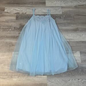 Vintage Van Raalte Blue Sheer Nylon Lace Slip Dress Nightgown 60s Small